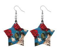 Red Rose And Three Wolves Pattern Wooden Earrings for Women, Vintage Elegant Wood Jewelry, Lightweight Earrings for Wedding, Party, Everyday Jewelry Gift, Star, Wood, wood