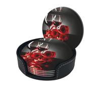 Red Rose And Wine Romantic Lovers Coasters Set Of 6 For Drinks With Holder, Classy And Simple Coasters For Coffee Table, Great Housewarming Gifts