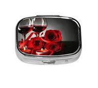 Red Rose and Wine Romantic Lovers Decor,Meta Pill Box 2 Compartment Medicine Case,Portable Organizer