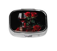Red Rose and Wine Romantic Lovers Decor Print Square Pill Box,Portable for Pocket Or Purse Pill Organizer Pill Container Holder