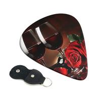 Red Rose and Wine Romantic Lovers Decor Printed Guitar Picks, 6 Pack with Leather Keychain Pick Holder - 0.46mm, 0.71mm, 0.96mm Assorted Thickness for Acoustic Ukulele, Electric Guitar
