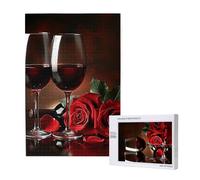 Red Rose and Wine Romantic Lovers Decor Printed Jigsaw Puzzle with Storage Box, Wooden Puzzle for Adults and Kids, 1000 Pieces Family Fun Decorative Game