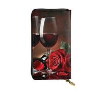 Red Rose And Wine Romantic Lovers Decor Printed Leather Wallet with 12 Card Holder and 135 Money Clip, Long Clutch for Men Women