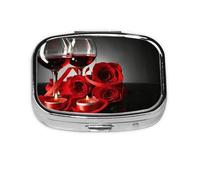 Red Rose and Wine Romantic Lovers Print Pill Box 2 Compartment Medicine Pill Case,Portable for Pocket Or Purse Pill Box Decorative Metal Medicine Organizer
