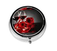 Red Rose and Wine Romantic Lovers Print Pill Box Purse Small Round Pill Case Decorative Box Metal Medicine Vitamin Pill Organizer for Pocket Or Purse