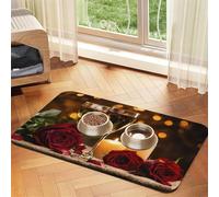 Red Rose and Wine Romantic Lovers print PU Leather Feeding Mat for Dogs Cats Pet Food Mat Absorbent Non-Slip Rubber Bottom