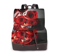 Red Rose and Wine Romantic Lovers Print Women Backpack Waterproof Anti-Theft Lightweight Pu Fashion Leather Nylon School Shoulder Bag Travel Backpack