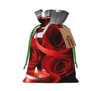 (Red Rose and Wine Romantic Lovers) Printed Christmas S Size Gift Bags with Green Ribbon Drawstring Candy Bags for Kids Xmas Holiday Christmas Eve Presents