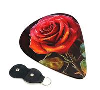 Red Rose Art Guitar Picks 6 Pcs, 0.46mm Thickness Celluloid Plectrum with Leather Picks Holder, Personalized Guitar Pick for Bass Electric Acoustic Guitars Lovers Gift