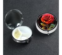 Red Rose Art Pill Box 3 Compartment Round Portable Pill Case for Pocket or Purse Small Weekly Medicine Planner Travel Pillbox with Mirror Decorative Metal Vitamin Holder Gifts