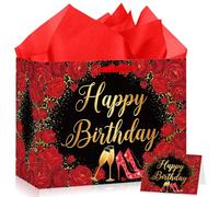 Red Rose Birthday Gift Bag with Card & 3 Sheets Red Tissue Paper, Luxury High Heels Champagne Present Bag for Women Her, Large Elegant Black Gold Floral Gift Wrap for 18th 21st 30th 40th 50th Birthday