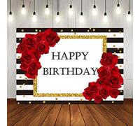 Red Rose Birthday Photo Booth Backdrop Black and White Stripes Background for Photography 7x5ft Happy Birthday Party Decoration Cake Table Banner