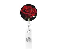 Red Rose Black Background Badge Reel Retractable Badge Holder with Keychain Id Clips for Badges Lightweight Plastic Name Card Holders for Nurses Office Teacher
