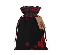 Red Rose Black Background Printed Christmas Drawstring Linen Gift Bags â€“ Reusable Burlap Fabric Bags With Tags For Christmas Gifts, Party Favors, Wedding Decor & Holiday Packaging 2 Sizes