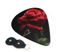 Red Rose Black Background Printed Guitar Picks, 6 Pack with Leather Keychain Pick Holder - 0.46mm, 0.71mm, 0.96mm Assorted Thickness for Acoustic Ukulele, Electric Guitar, Acoustic Guitar, Bass