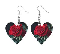 Red Rose Black Background Wooden Earrings for Women, Vintage Elegant Wood Jewelry, Lightweight Earrings for Wedding, Party, Everyday Jewelry Gift, Love, Wood, wood