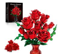 Red Rose Bouquet Building Blocks Set - Lego Compatible 12Pcs Flowers Botanical Collection Kit with Mixed Roses & Leaves,Valentines Gifts for Adults Women Mom Wife Couple Home Decor (No Vase)
