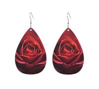 Red Rose Close-Up Printed Droplet Shaped Acrylic Personalized Earrings, Suitable For Wearing In Various Occasions