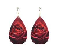 Red Rose Close-Up Printed Droplet Shaped Acrylic Personalized Earrings, Suitable For Wearing In Various Occasions