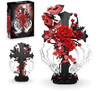 Red Rose Cross Building Blocks Set, 901 PCS Skeleton Cross Building Kit, Creative MOC Skull Artificial Flower Bricks Model Toy, Easter Gifts for Adults and Teens