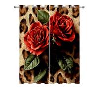 Red Rose Curtains for Living Room, Leopard Print Artistic Floral Blackout Curtains Thermal Insulated Bedroom Curtain Eyelet, W54 X D90, 2 Panels Drapes House Decorations