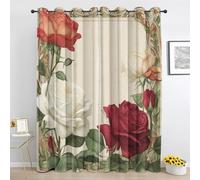 Red Rose Floral Pattern Blackout Curtains, Vintage Flower Art Nouveau Curtains Thermal Insulated Eyelet Curtain for Bedroom Living Room 52 x 63 Inch Drop 2 Panels