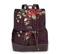 Red Rose Floral Print Women Fashion Backpack Ladies Pu Leather Backpacks Handbag Waterproof Rucksack Travel Backpack with Flap