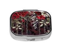 Red Rose Floral Printed Square Pill Organizer with 2 Compartments, Portable Mini Pill Box Pill Case for Medicine, Vitamin, Fish Oil, Supplements