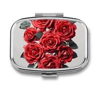 Red Rose Flower Cluster Pill Box Elegant Metal Pill Case with 2 Compartments, Slim Portable Medicine Organizer for Purse, Pocket, Travel
