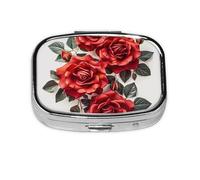 Red Rose Flower Cluster Pill Case 2 Compartment Pill Box Portable Metal Pill Organizer Cute Travel Pill Container Vitamin Organizer for Purse Pocket Travel Gift