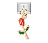 Red Rose Flower Dangle Mother Daugter Charm Silver Italian 9mm Link Stainless Steel Bracelet Charm Compatible With Nomination 9mm Bracelet