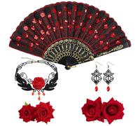 Red Rose Flower Hair Clip Vintage Flamenco Dancer Accessory Set - Embroidered Folding Fan Rose Hair Combs, Hair Accessories for Women Girls Parties Dances Costumes