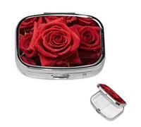 Red Rose Flower Pill Box 2 Compartment Round Metal Pill Case for Purse & Pocket, Portable Medicine Organizer Travel Pillbox Daily Pill Container Holder to Hold Vitamins, Fish Oil