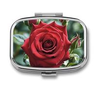 Red Rose Flower Pill Box Travel Pill Organizer 2 Compartment Weekly Pill Case with Mirror A Day Medicine Container Medicine Organizer for Purse, Pocket, Or Wallet