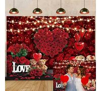 Red Rose Flower Valentine's Day Backdrop Romantic Floral Love Heart Wall Photography Backdrop Women Bridal Shower Anniversary Wedding Party Decorations Banner (7X5FT(82 x 59 inch))