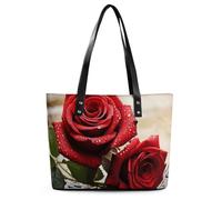 Red Rose Flowers Leather Tote Bag for Women Work Shoulder Purses with Zipper Waterproof Large Computer Shoulder Bag Fashion Ladies Shoulder Handbag Reusable Shopping Bags