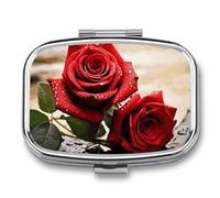 Red Rose Flowers Pill Box 2 Compartment - Small Metal Medicine Organizer Portable Pill Case for Purse Pocket Travel Vitamin Organizer for Men Women, BPA-Free
