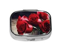 Red Rose Flowers Printed Square Pill Organizer with 2 Compartments, Portable Mini Pill Box Pill Case for Medicine, Vitamin, Fish Oil, Supplements