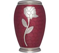 Red Rose Funeral Urn by Liliane - Cremation Urn for Human Ashes - Adult Size - Hand Made in Brass - Display Urn at Home or in Niche at Columbarium - Talia Model ( Enamel with Silver Flower )