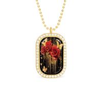 Red Rose Gold Glitter Butterfly White Shiny Diamond Necklace Square Pendant for Women Jewelry Gift