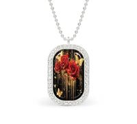 Red Rose Gold Glitter Butterfly White Shiny Diamond Necklace Square Pendant for Women Jewelry Gift