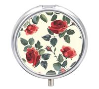 Red Rose Green Leaves Pill Case Box with 3 Compartment Medicine Vitamin Organizer for Purse Pocket 5x5cm