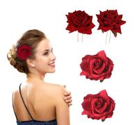 Red Rose Hair Clips Bride Rose Floral Juda Pin For Women Hair Fork Wedding Hair Accessories Elegant Red Rose U-shaped Hair Pin Pack Of 2