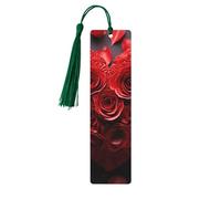 Red Rose Heart Wooden Bookmarks, 5 Pack Handmade Double Sided Printed Page Markers with Dark Green Tassels Bookmarks Gift Book Accessories for Lovers