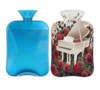 Red Rose Hot Water Bottle with Cover, White Piano Music 2L Hot Water Bag for Pain Relief, Neck and Shoulder, Hand Feet Warmer