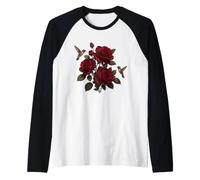 Red Rose Hummingbird Floral Botanical Nature Artwork Raglan Baseball Tee