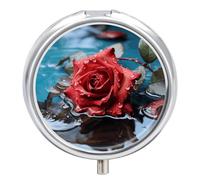 Red Rose in Water Pill Case with 3 Compartments - Portable Travel Pill Organizer for Purse, Easy-Open Button Design, Small Round Pillbox Vitamin Holder Organizer for Women Men