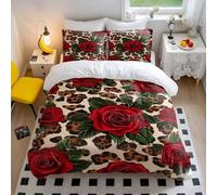 Red Rose Leopard Print Bedding Set - Floral Duvet Cover Set - Cotton Double Bedding Set - Boho Chic (style1,Single135x200cm+65x65cm*2)