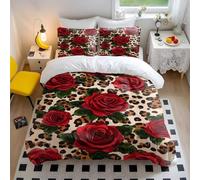 Red Rose Leopard Print Bedding Set - Floral Duvet Cover Set - Cotton Double Bedding Set - Boho Chic (style2,Single135x200cm+65x65cm*2)