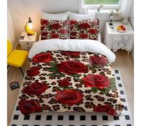 Red Rose Leopard Print Bedding Set - Floral Duvet Cover Set - Cotton Double Bedding Set - Boho Chic (style5,Single135x200cm+50x75cm*2)